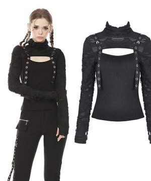 Damen-Oberteile mit Punk-Ausschnitt und zerrissenen Ärmeln - Gothic Shop
