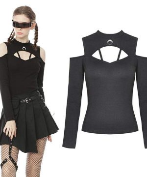 Damen-T-Shirt mit Punk-Ausschnitt und Mondausschnitt und langen Ärmeln - Gothic Shop