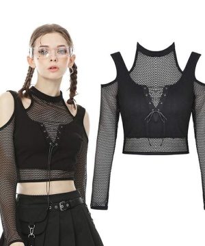 Punk-Tops für Damen mit Ausschnitten aus transparentem Netzstoff an der Schulter - Gothic Shop