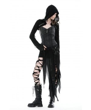 Punk Distressed Zipper Cape für Damen mit Kapuze - Gothic Shop