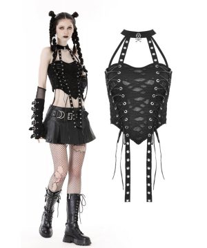 Damen-Tanktop mit Punk-Ösenriemen und Rissen - Gothic Shop