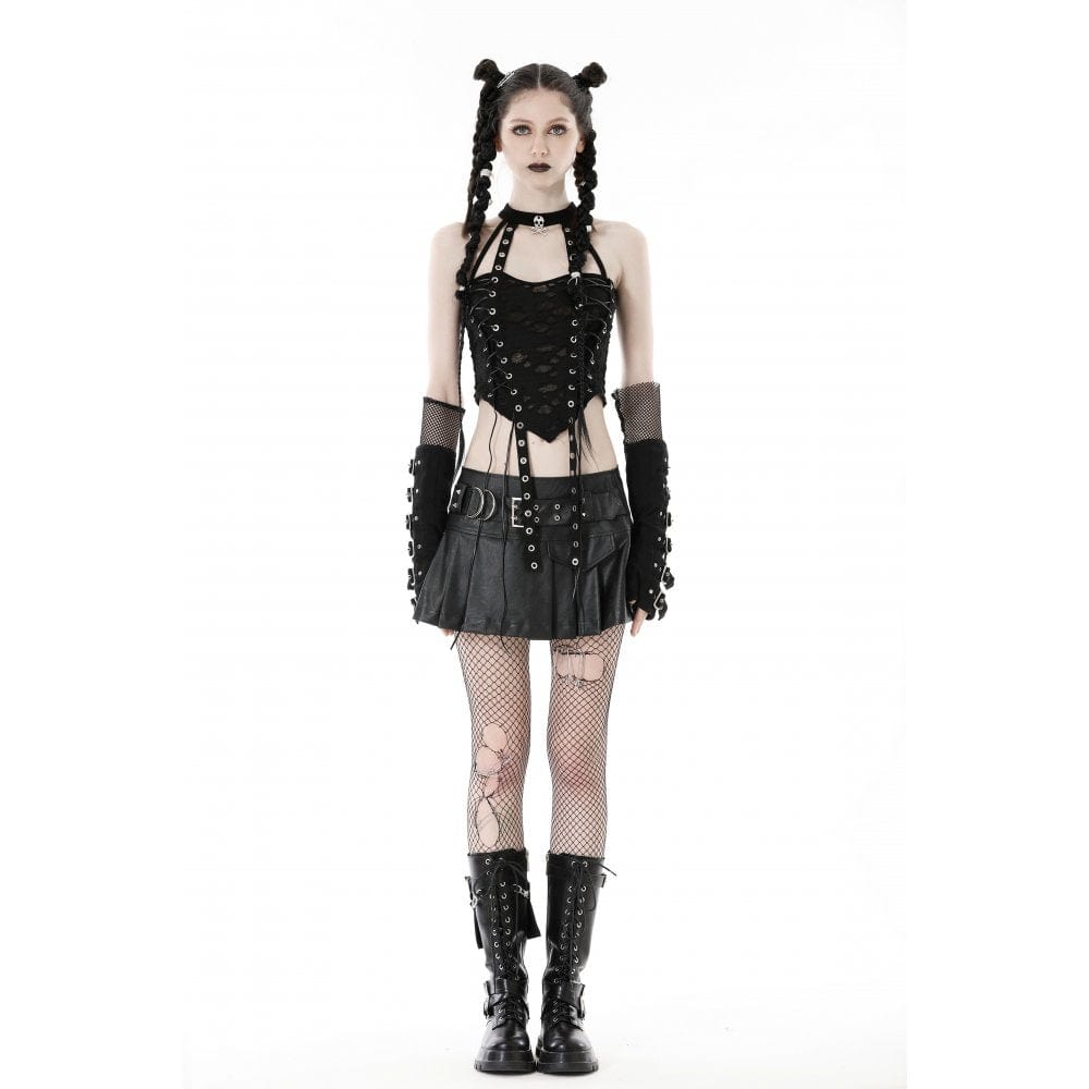 Damen-Tanktop mit Punk-Ösenriemen und Rissen - Gothic Shop