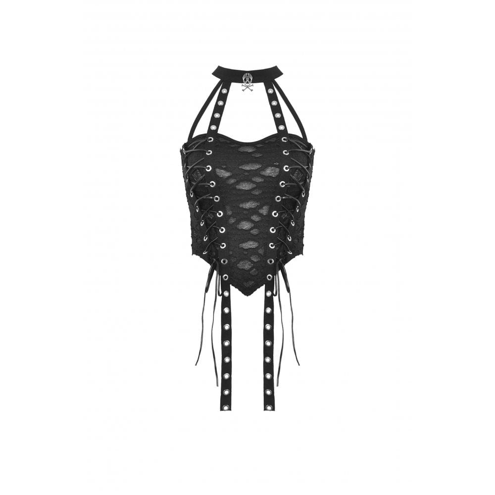 Damen-Tanktop mit Punk-Ösenriemen und Rissen - Gothic Shop
