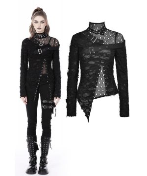 Damen-Punk-Hemd mit unregelmäßigem, zerrissenem Mesh-Spleißmuster - Gothic Shop