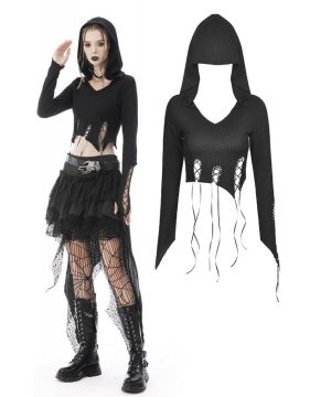 Unregelmäßiges Punk-Riemchen-Crop-Top für Damen mit Kapuze - Gothic Shop