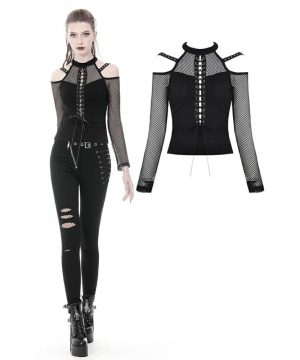 Schulterfreie Punk-Oberteile aus Netzstoff mit Schnürung vorne für Damen - Gothic Shop