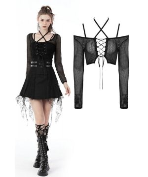 Damen-Punk-Top mit Schnürung, transparentem, langärmeligem Netzstoff - Gothic Shop