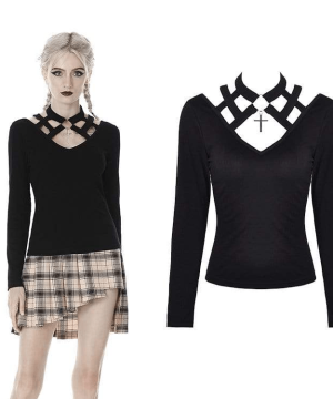 Punk-Langarm-T-Shirts mit ausgehöhltem V-Ausschnitt für Damen - Gothic Shop