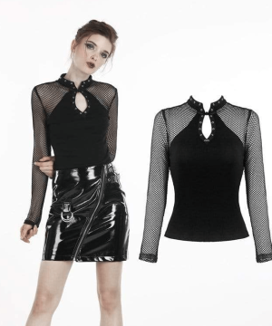 Damen-Punk-Oberteile mit Stehkragen und langen Ärmeln aus Netzstoff - Gothic Shop