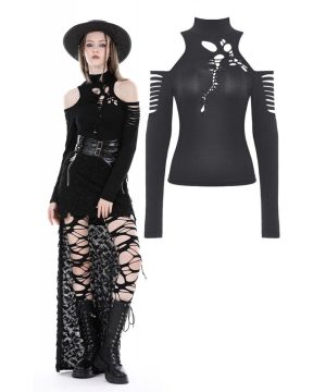 Schulterfreie Punk-Rollkragenbluse für Damen mit Ausschnitten - Gothic Shop
