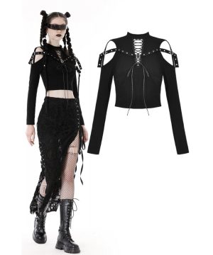 Schulterfreies Punk-Crop-Top mit Ösenträgern für Damen - Gothic Shop