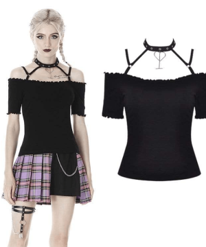 Schulterfreie Punk-Neckholder-T-Shirts für Damen - Gothic Shop
