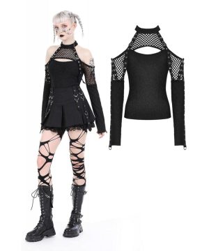 Schulterfreies Punk-Spleißhemd für Damen mit Netzstoff - Gothic Shop