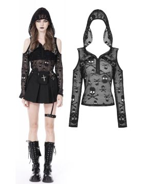 Schulterfreies Punk-Shirt mit Totenkopf-Mesh für Damen und Kapuze - Gothic Shop