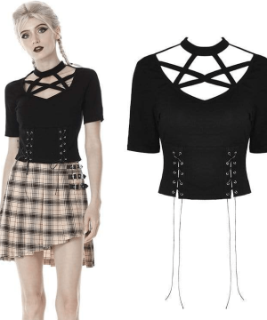 Punk-Pentagramm-T-Shirts mit ausgehöhlter Brust und Schnürung für Damen - Gothic Shop