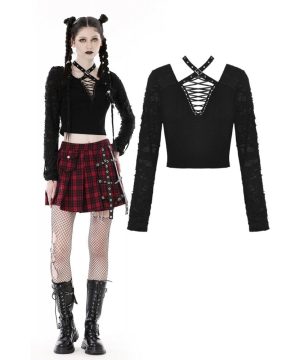 Damen-Crop-Top im Punk-Stil mit tiefem Ausschnitt, Ösen und Rissen - Gothic Shop
