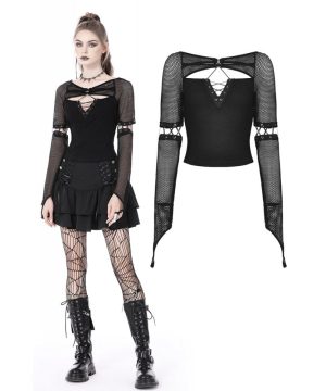Damen-Punk-Shirt mit tiefem Ausschnitt aus Netzstoff und Ärmelärmeln - Gothic Shop