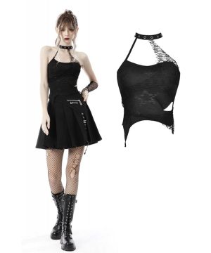 Damen-Punk-Rock-Tanktop mit zerrissenem Neckholder-Rücken und Schnürung - Gothic Shop