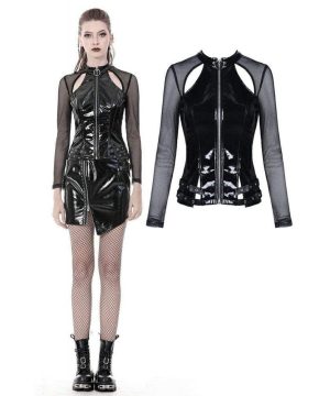 Damen-Punk-Tops aus glänzendem PU mit Reißverschluss und sexy Netzärmeln - Gothic Shop