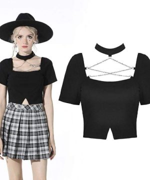 Schwarzes, schmal geschnittenes Punk-Crop-Top für Damen mit Kette - Gothic Shop