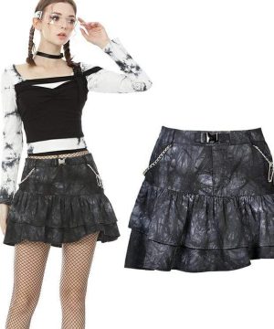 Damen-Punk-Tie-Dye-Doppelschicht-Miniröcke mit Metallkette - Gothic Shop