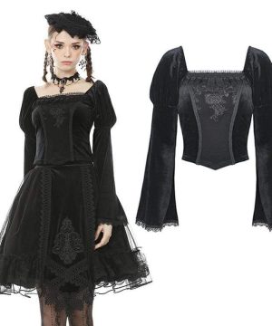 Vintage-Gothic-Velet-Tops mit quadratischem Kragen und Puffärmeln für Damen - Gothic Shop