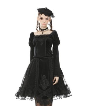 Vintage-Gothic-Velet-Tops mit quadratischem Kragen und Puffärmeln für Damen - Gothic Shop