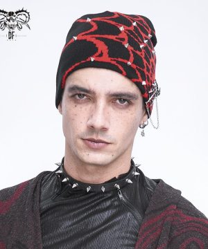 Punk-Strickmütze mit Spinnennetz in Kontrastfarbe für Herren, Rot - Gothic Shop