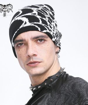Herren-Punk-Strickmütze mit Spinnennetz in Kontrastfarbe, Weiß - Gothic Shop