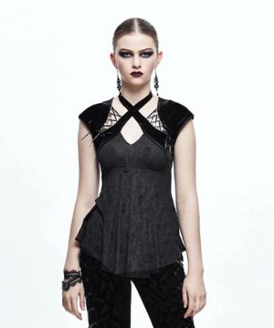 Empireline-T-Shirt mit überkreuzten Trägern für Damen - Gothic Shop