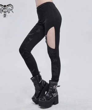 Damen-Hose mit Gothic-Ausschnitt und Spinnennetz-Print - Gothic Shop