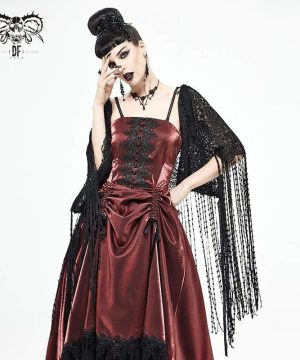 Schwarzer Gothic-Umhang mit Häkelquasten für Damen - Gothic Shop