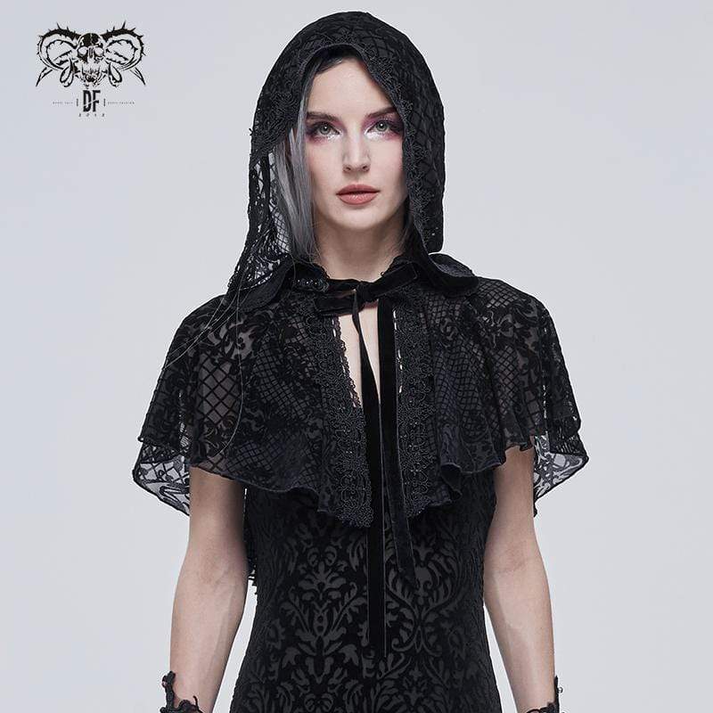 Gothic-Mesh-Umhang mit Blumenmuster für Damen und Kapuze - Gothic Shop
