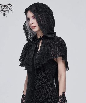 Gothic-Mesh-Umhang mit Blumenmuster für Damen und Kapuze - Gothic Shop