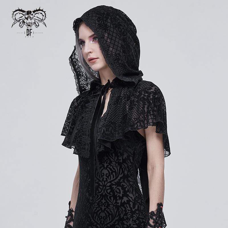 Gothic-Mesh-Umhang mit Blumenmuster für Damen und Kapuze - Gothic Shop