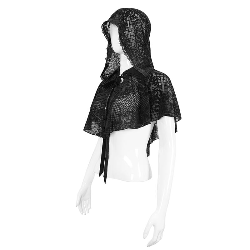 Gothic-Mesh-Umhang mit Blumenmuster für Damen und Kapuze - Gothic Shop