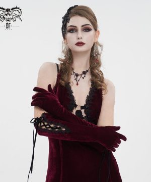 Damen-Gothic-Schnürhandschuhe aus Samt mit Spitzensaum in Rot - Gothic Shop