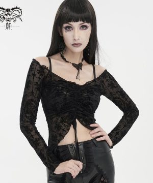 Schulterfreies, transparentes Gothic-Hemd mit Kordelzug für Damen - Gothic Shop