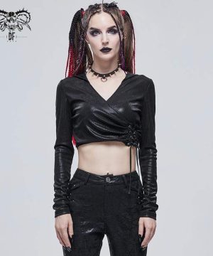 Damen-Gothic-Crop-Top mit tiefem Kordelzug und Kapuze - Gothic Shop