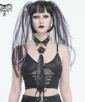 Gothic-Krawatte aus Kunstleder mit Nieten und Halsband für Damen - Gothic Shop