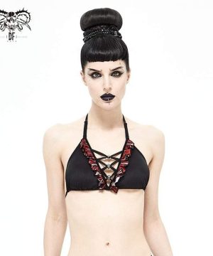 Schwarzes Neckholder-Bikinioberteil im Grunge-Stil für Damen mit Schottenkaro-Rüschen - Gothic Shop