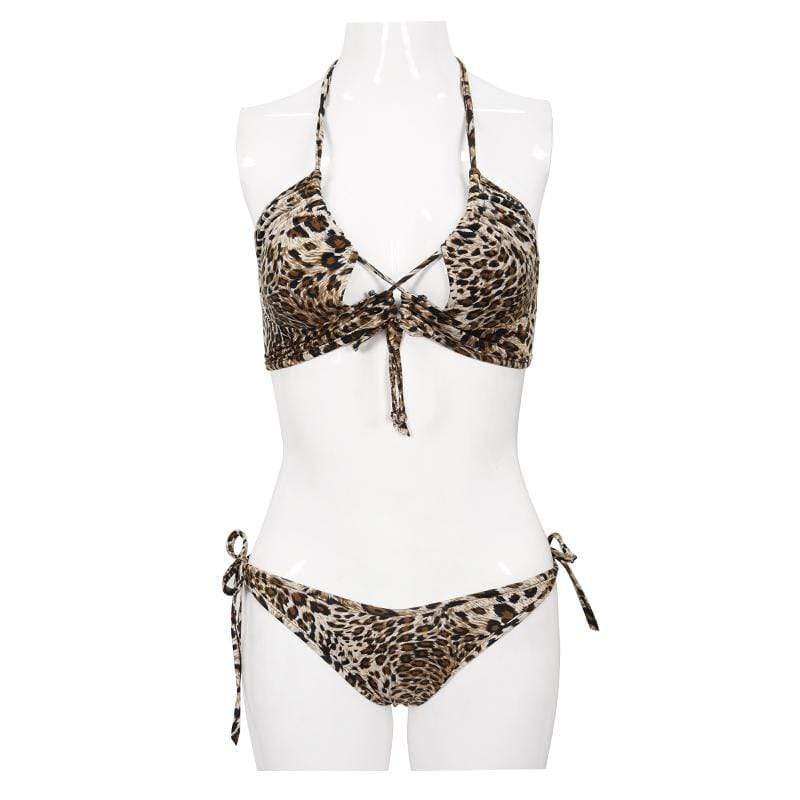 Neckholder-Bikini mit seitlichem Bindeband für Damen im Grunge-Leopardenmuster - Gothic Shop