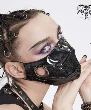 Punk-Maske für Damen aus schwarzem Netz und PU-Leder - Gothic Shop