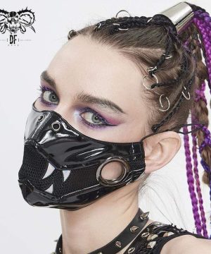 Damen-Punk-Maske aus schwarzem PU-Leder und Netzfang - Gothic Shop