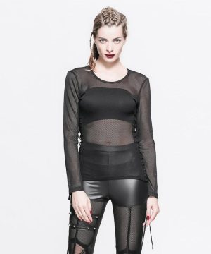Damenoberteil mit durchsichtigem Netzstoff und Kreuzschraffur - Gothic Shop