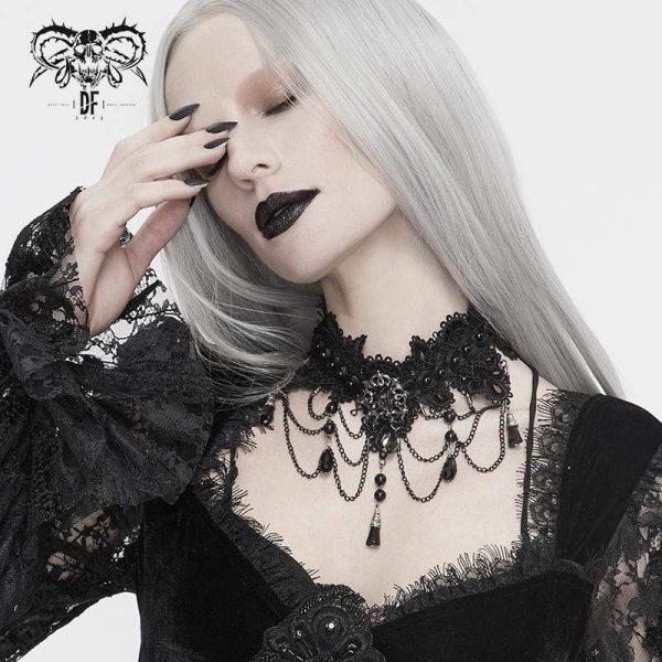 Victorian Gothic choker for women in black with wide bow lace - Gothic Shop