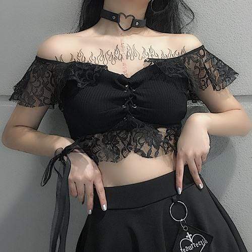 Damen-Gothic-Crop-Top mit floraler Spitze - Gothic Shop