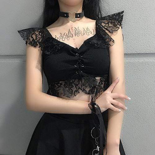 Damen-Gothic-Crop-Top mit floraler Spitze - Gothic Shop
