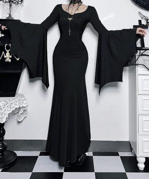 Langes Gothic-Kleid im Meerjungfrau-Stil mit Fledermausärmeln für Damen - Gothic Shop