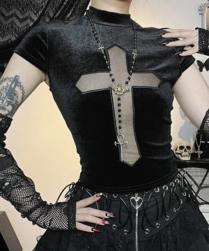 Gothic Cross Mesh Splice Samthemd für Damen - Gothic Shop